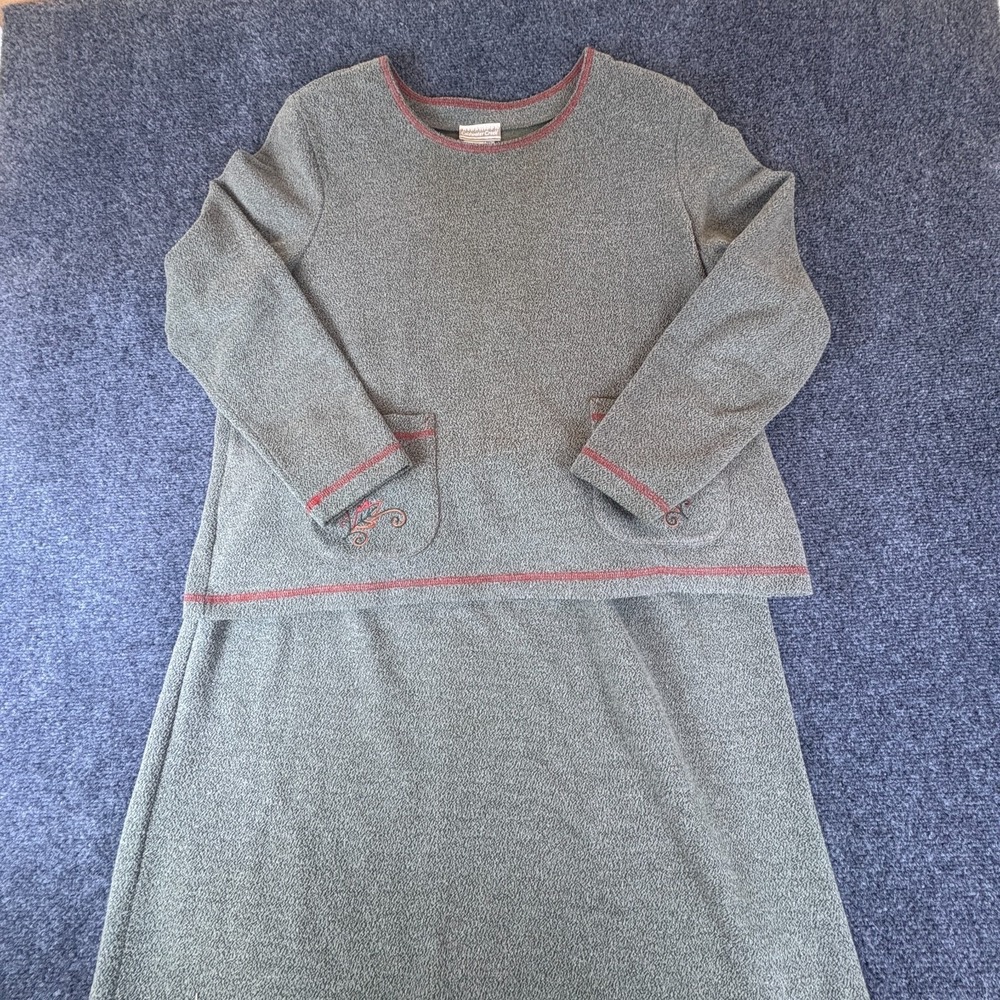 Coldwater Creek Skirt Set Womens 36 Gray Cotton Embroidered Round Neck Classic
